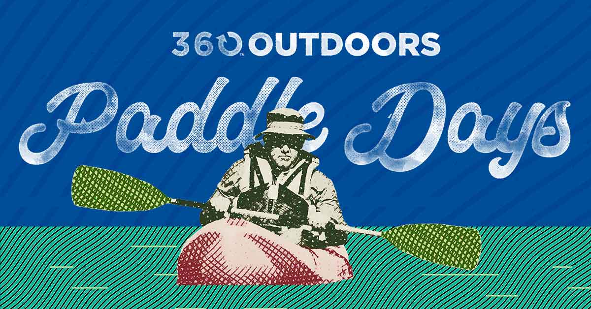 360Outdoors Paddle Days. Illustration of a man using a kayak on the water.